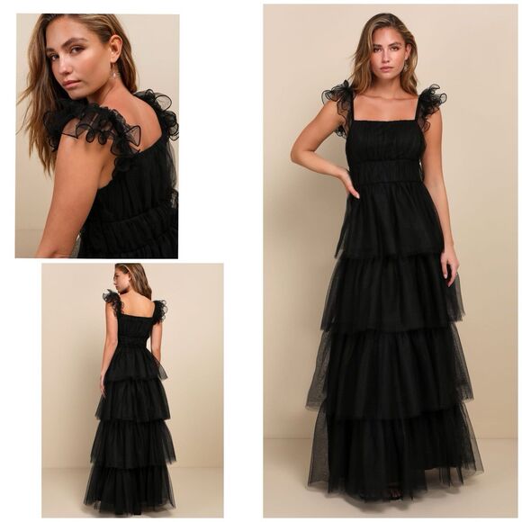 Lulus Tulle For Love Dress Women's XL Black Maxi Mesh Tulle Tiered Ruffled NWOT - Picture 1 of 13
